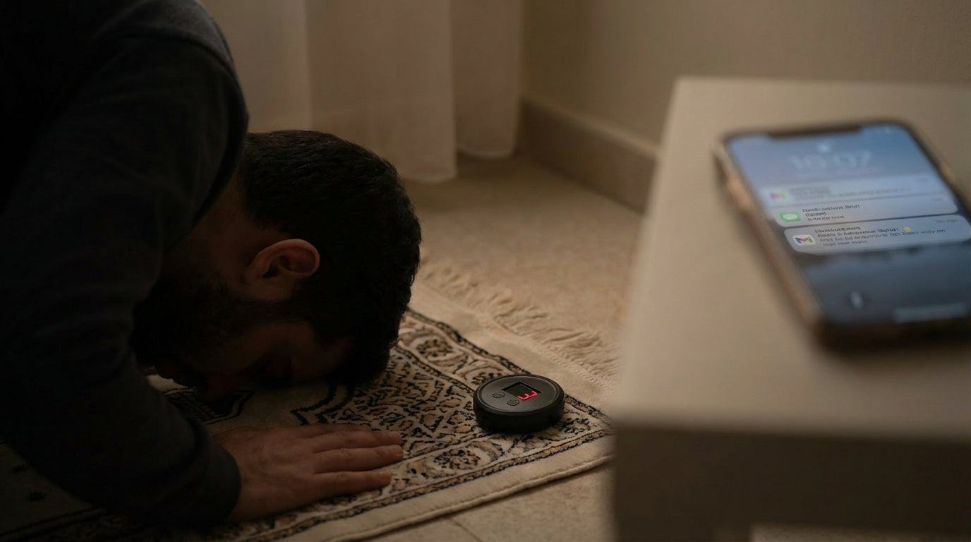 Homme en prosternation (Sujood) sur un tapis de prière avec le compteur de Rakats Nya-One posé à sa gauche, écran LED rouge visible