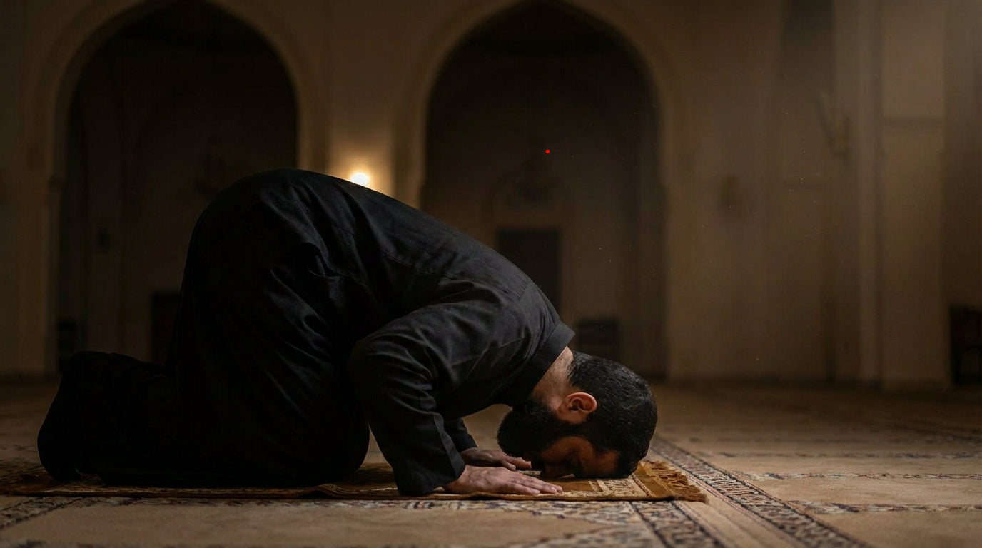 Gros plan d'un homme en position de Sujood (prosternation) vêtu d'un qamis noir dans une mosquée, symbolisant la concentration et la spiritualité profonde
